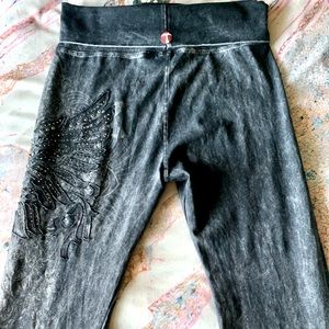 T Party fold over bootcut/ flare yoga pants, grey, embellishments and rhinestone